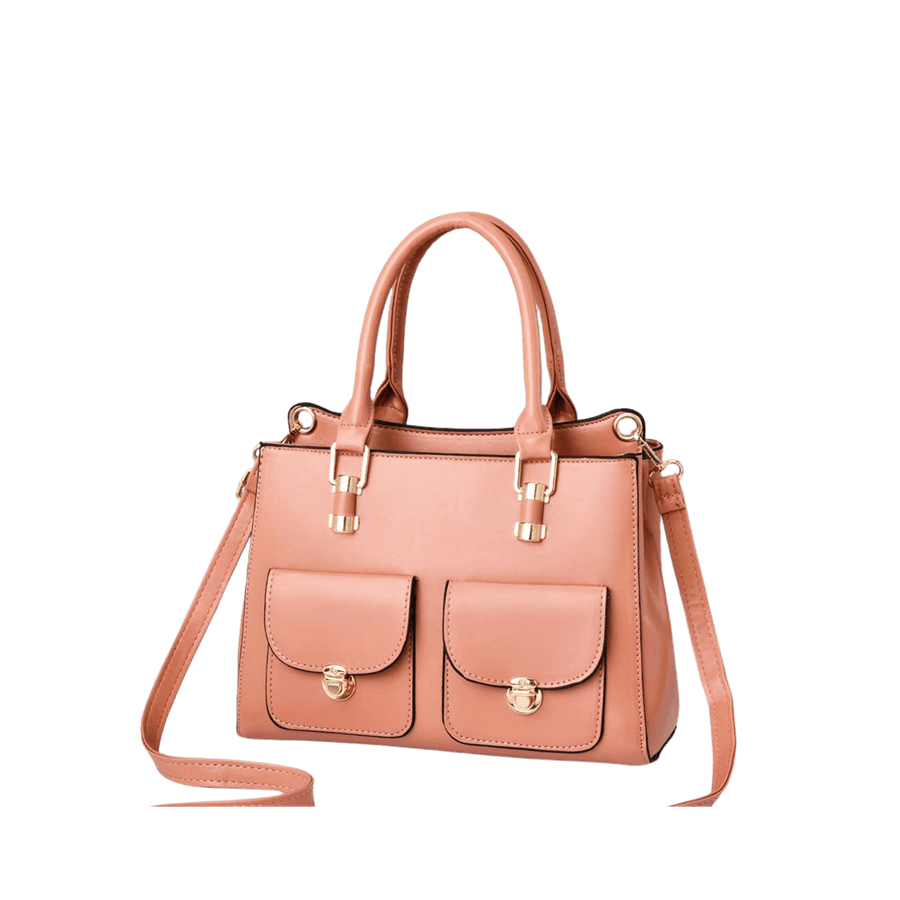 Pink ladies handbag with open pockets and metal tab of the handle
