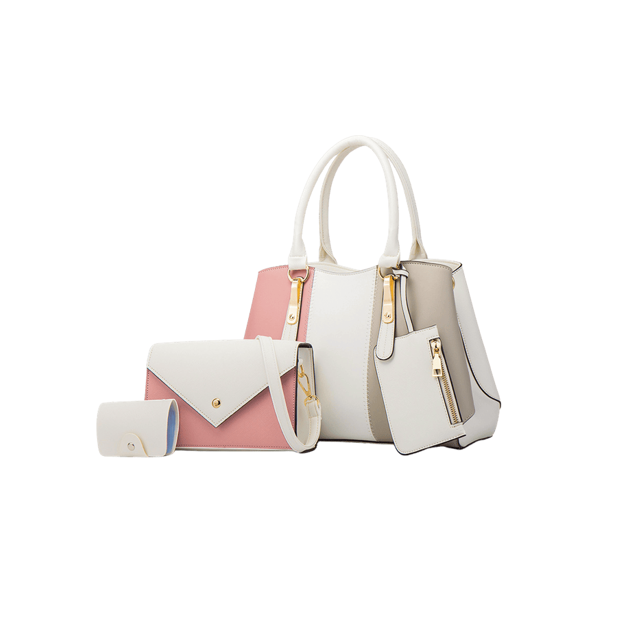 Splicing PU ladies handbag sets with metal tab on the handle and detachable wrist bag