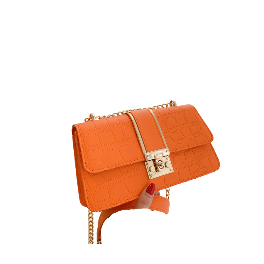 Orange croco PU ladies handbag with lock closure and gold trim PU