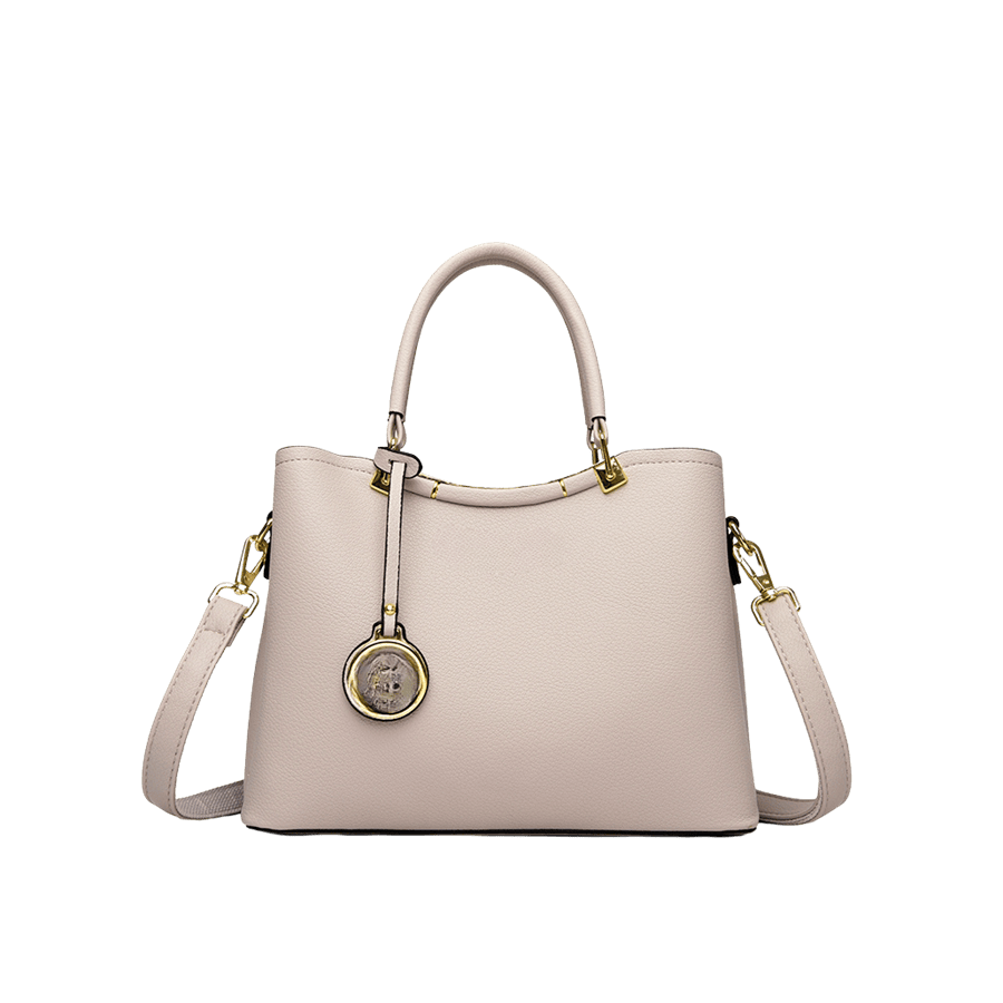 Grey ladies tote with metal tab of handle and detachable round hangtag