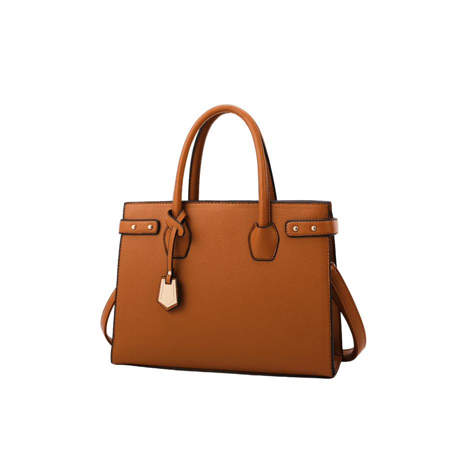 Brown ladies tote with detachable PU&metal hangtag and decorative straps on the side