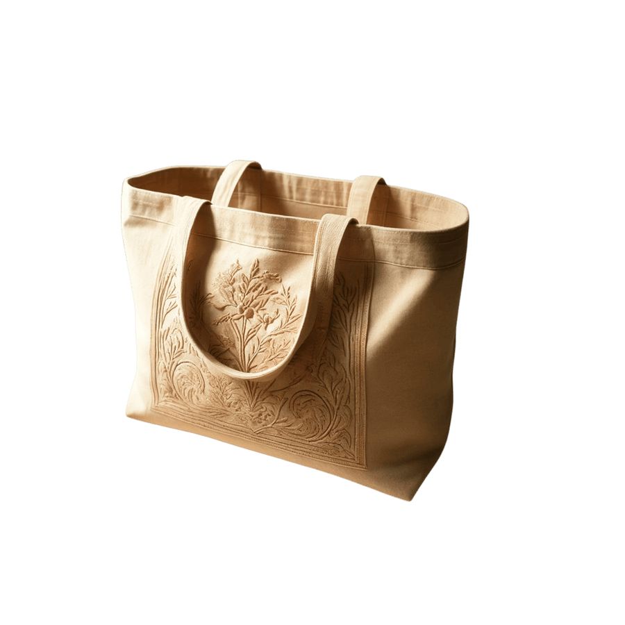 Beige canvas ladies tote bag with embroidery on the front