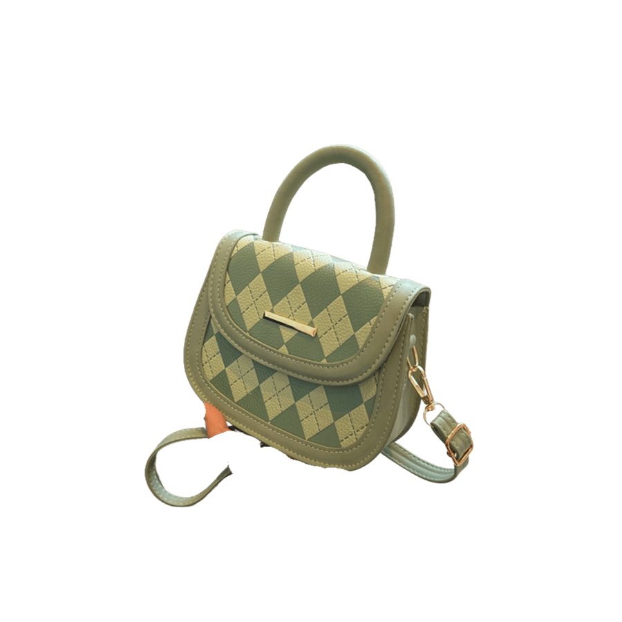 Green ladies handlbag with prints and metal plate on the flap
