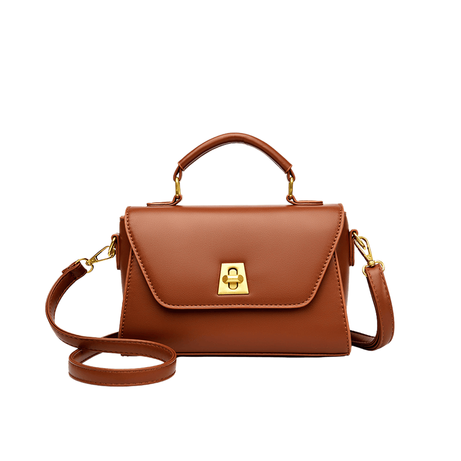 Brown ladies handbag with lock closure
