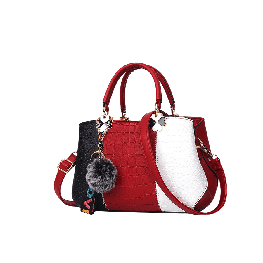 Splicing croco PU ladies handbag with detachable pompom and flower tab of the handle