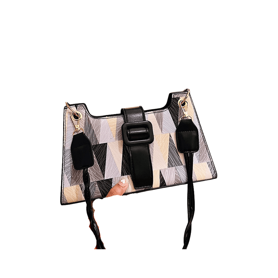 Printing ladies handbag with black trim PU and plastic buckle on the flap