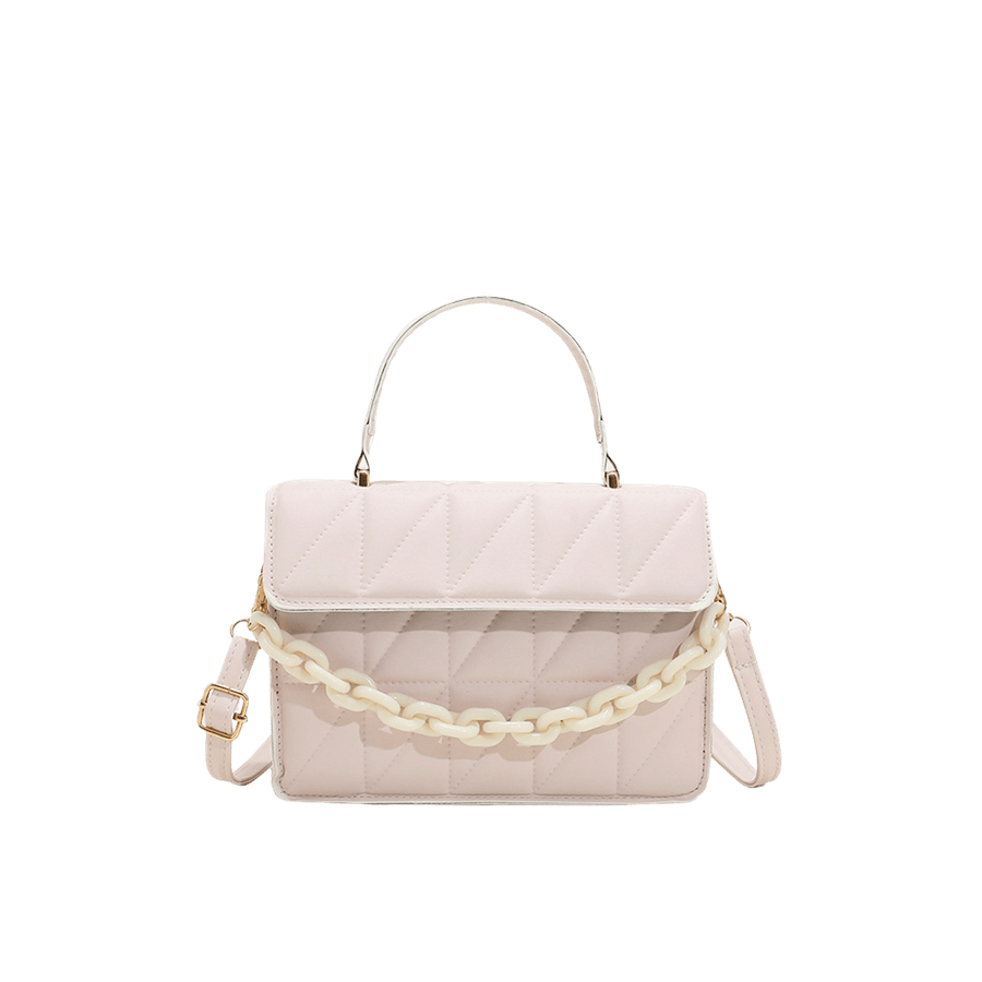 Beige quilting ladies handbag with plastic chain handle and magnetic snap closure