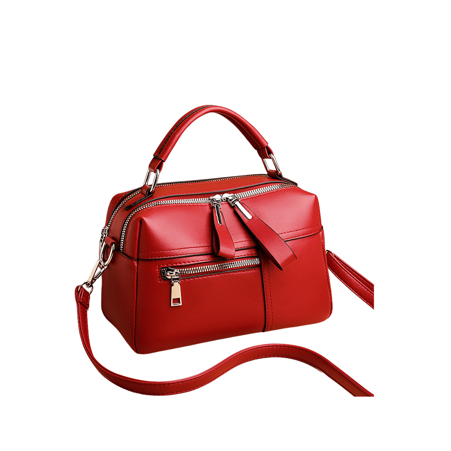 Red ladies handbag with front zipper pocket and double zipper puller