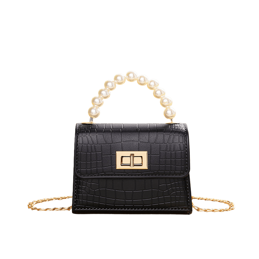 Black croco PU ladies handbag with pearl handle and lock closure