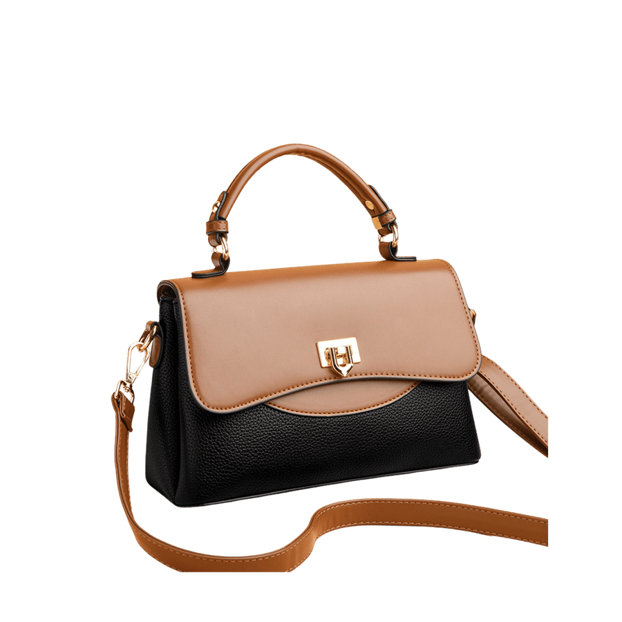 Black pebble PU ladies handbag with brown trim PU and decorative lock