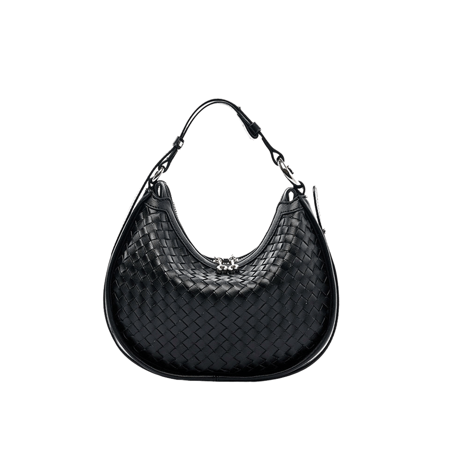 Black weave PU ladeis handbag with adjustable handle and double zip puller closure