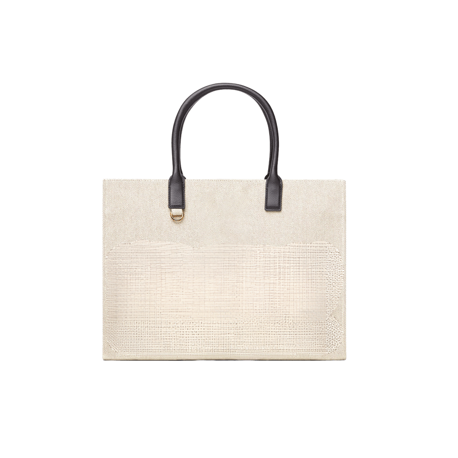 Beige ladies tote bag black PU handle and D-ring on the handle