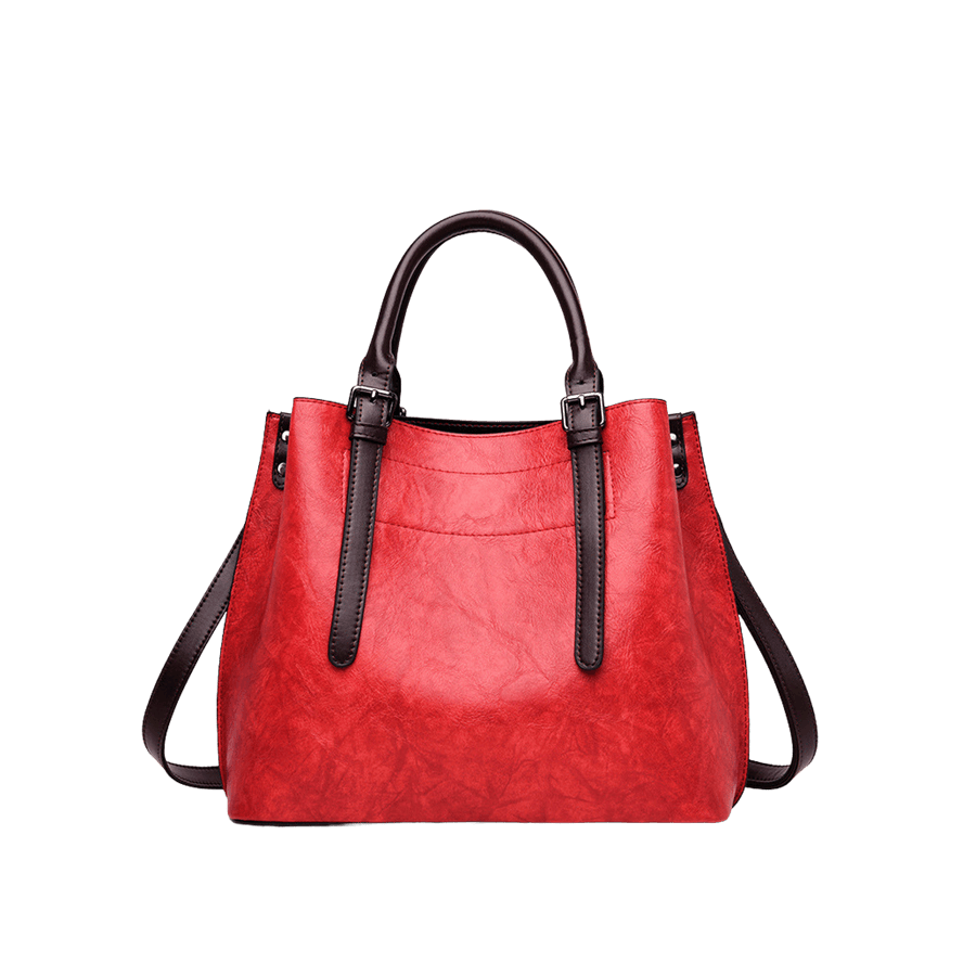 Red ladies handbag with brown trim PU and decorative studs on the sides