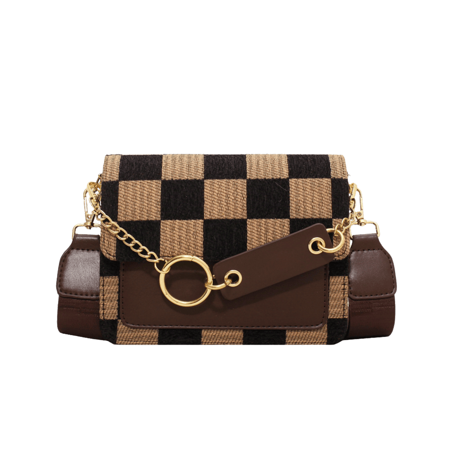 Ladies handbag with check prints and decorative chain handle
