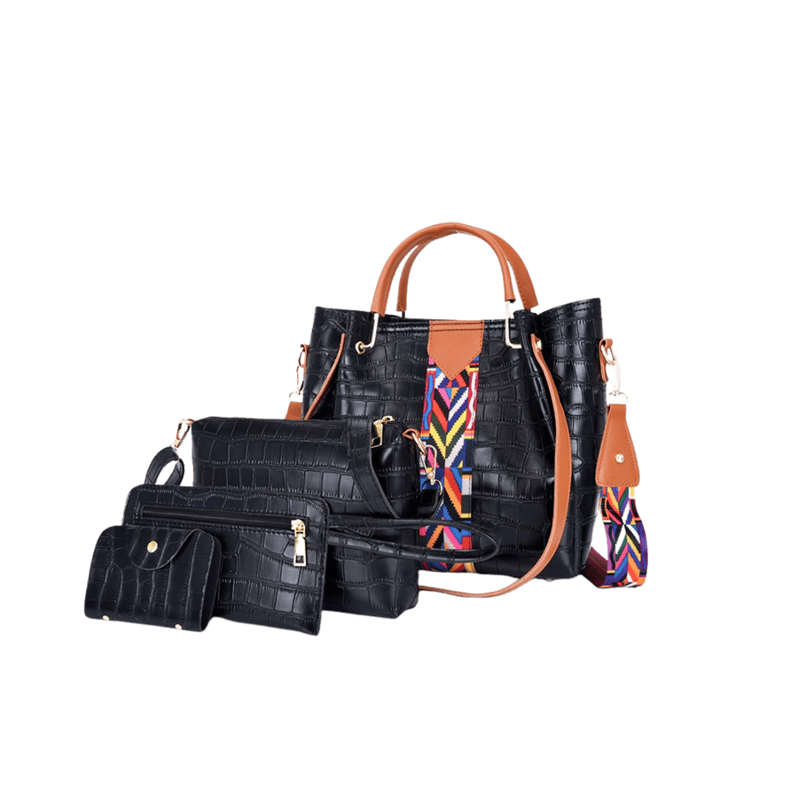 Pink ladies handbag sets with jacquard webbing on the front and metal handle