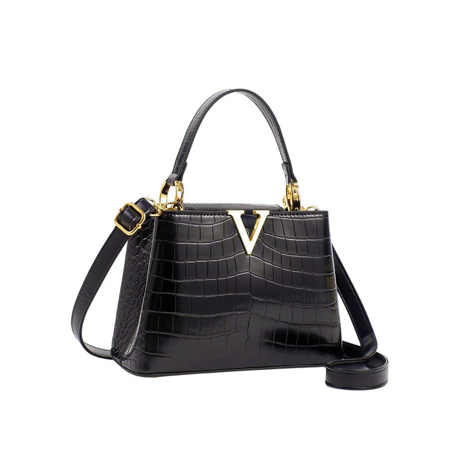 Beige croco PU ladies handbag with V shape enemal hardware and metal tab of handle