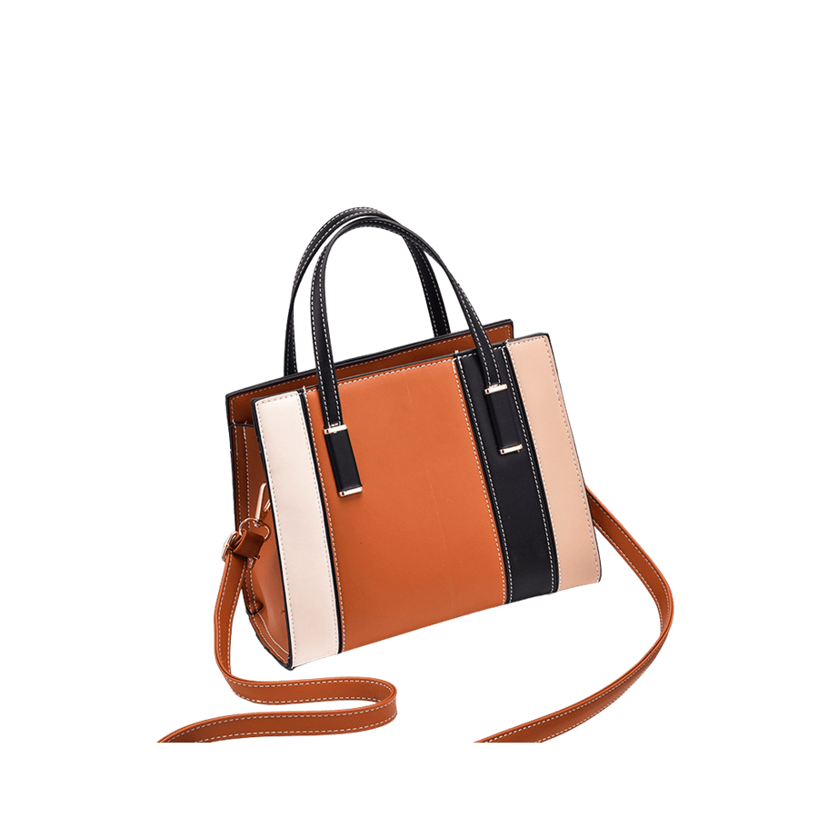 Splicing PU ladies handbag with metal tab of handle and white stitching