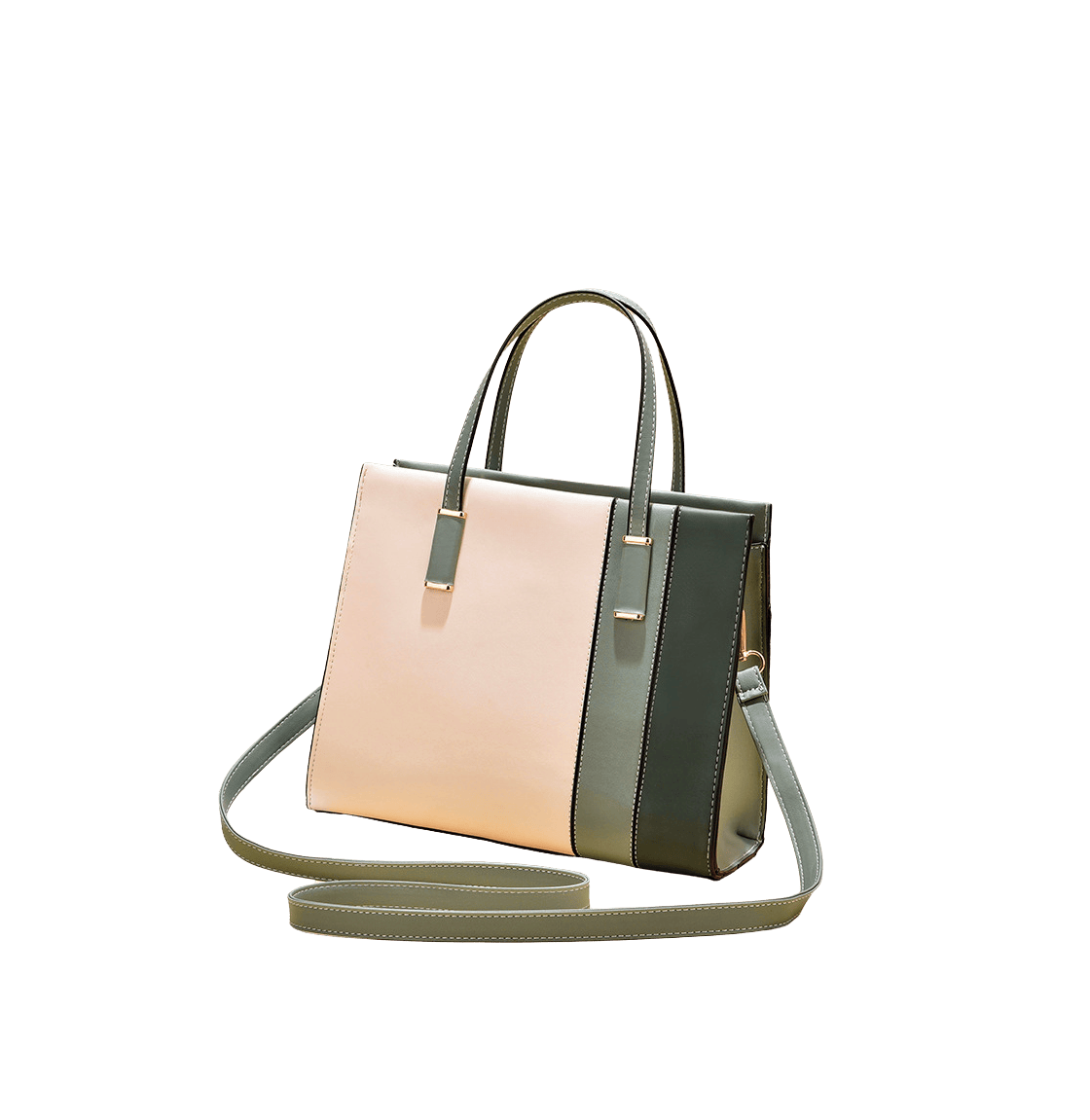 Splicing PU ladies handbag with metal tab of handle and white stitching