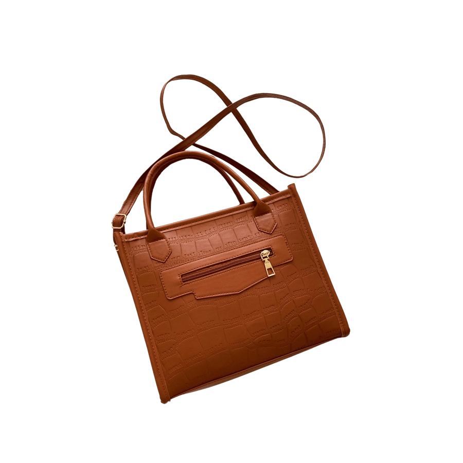 Camel croco PU ladies handbag with brown plain PU and front zipper pocket