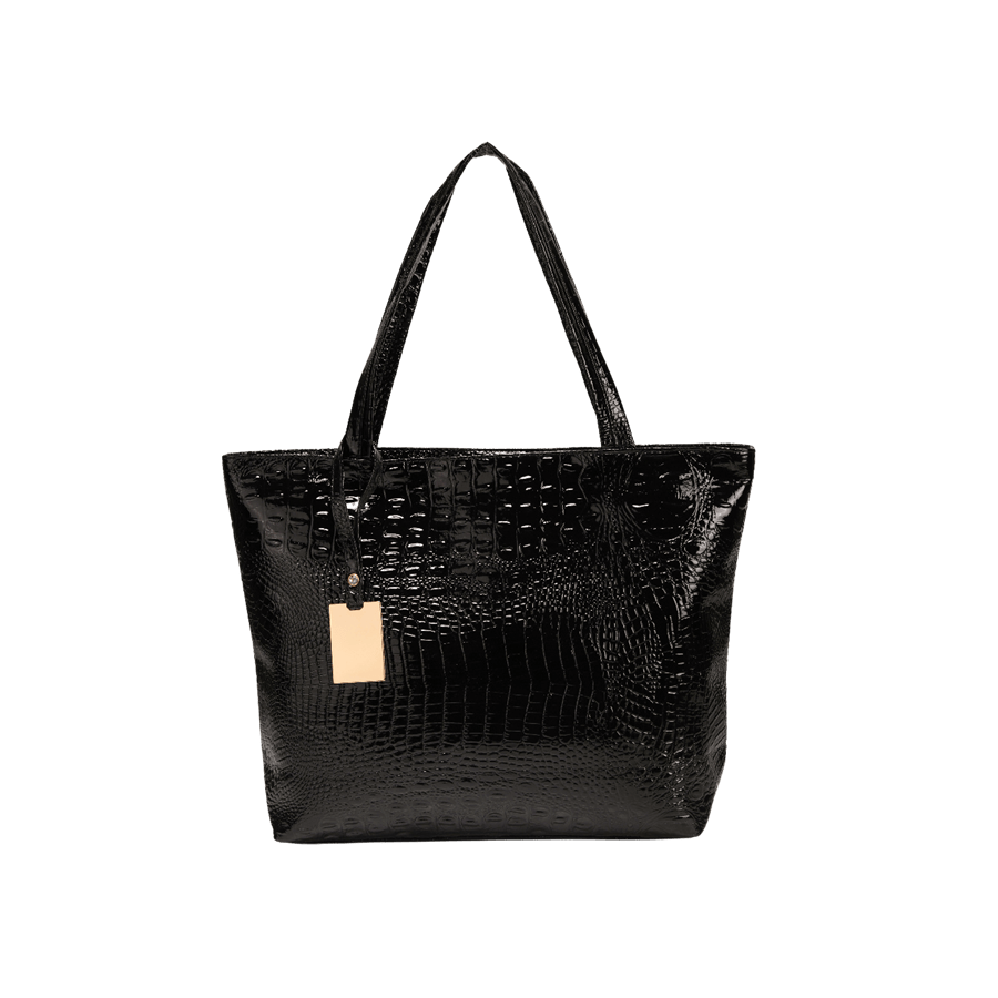 Black patent croco PU ladies tote bag with detachable metal hangtag