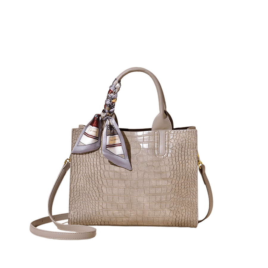 Grey croco PU ladies handbag with matching plain trim PU and decorative scarf on the handle