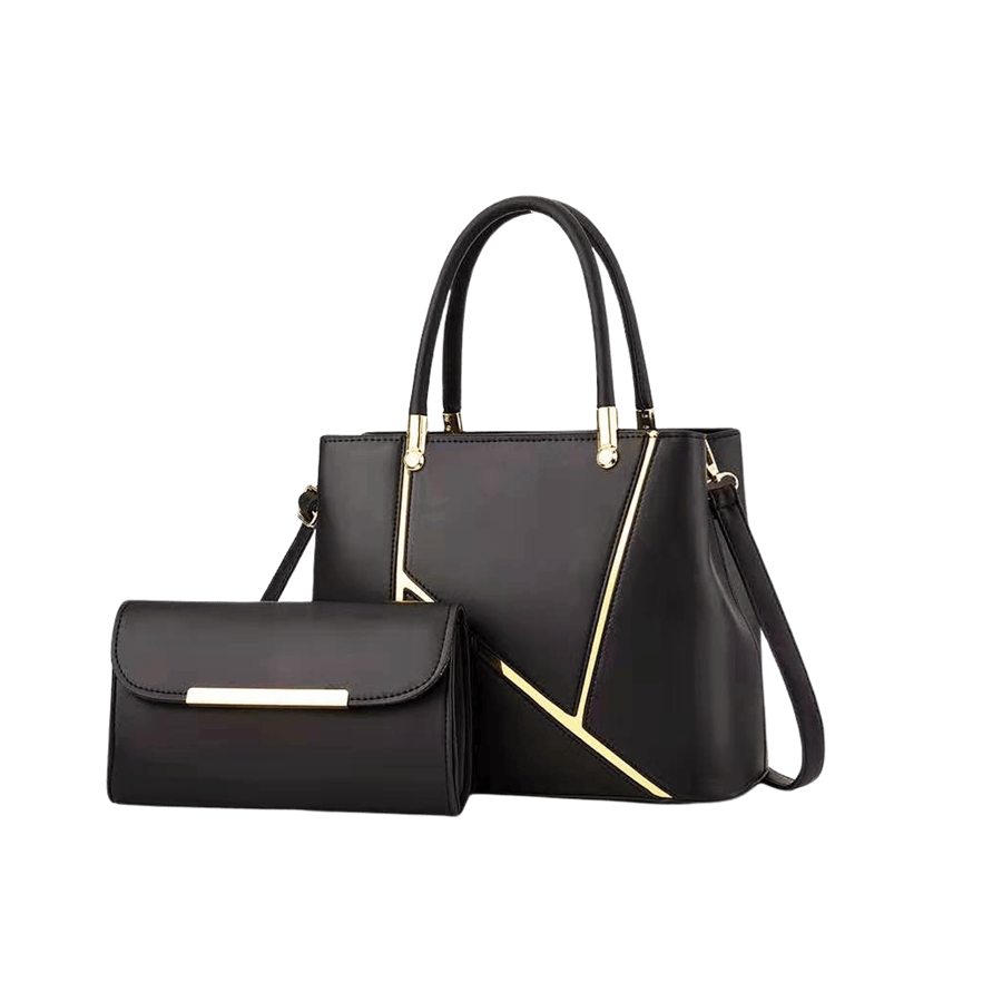 Black ladies handbag sets splicing with gold trim material and metal tab