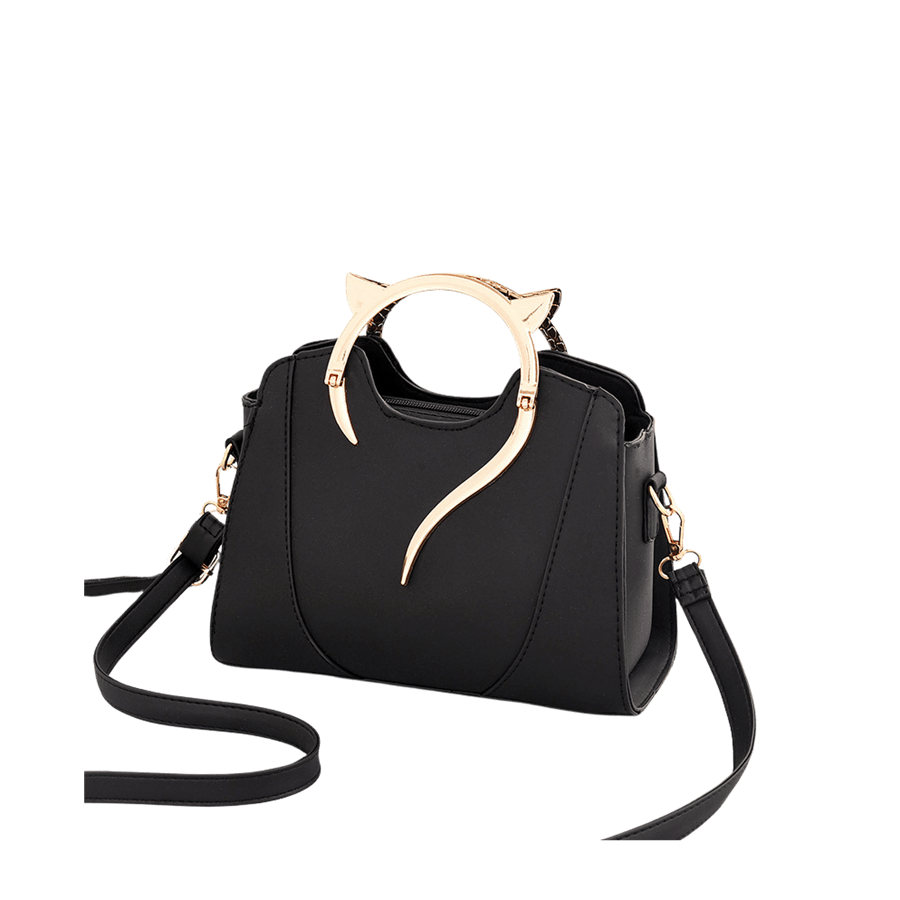 Black splicing PU ladies handbag with cat shaped metal handle