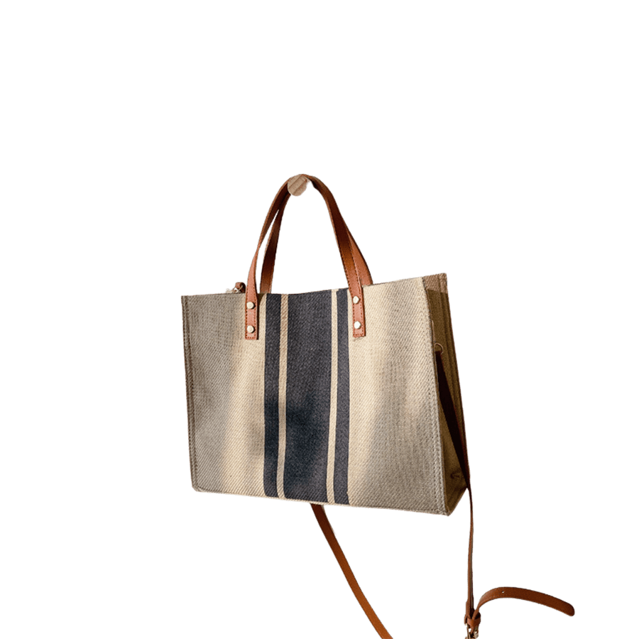 Beige stripe canvas ladies tote bag with brown trim PU and decorative flat studs on the handle