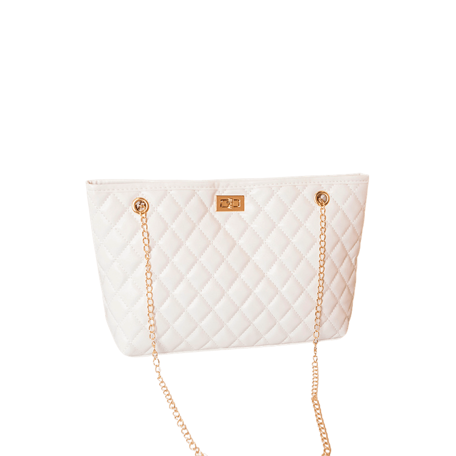 Beige quitling ladies tote bag with lock closure and binding on the top