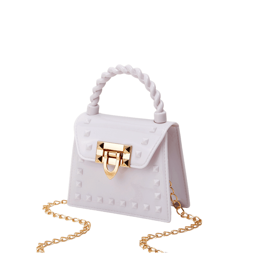 Purple PVC ladies handbag with lock closure and twisty handle