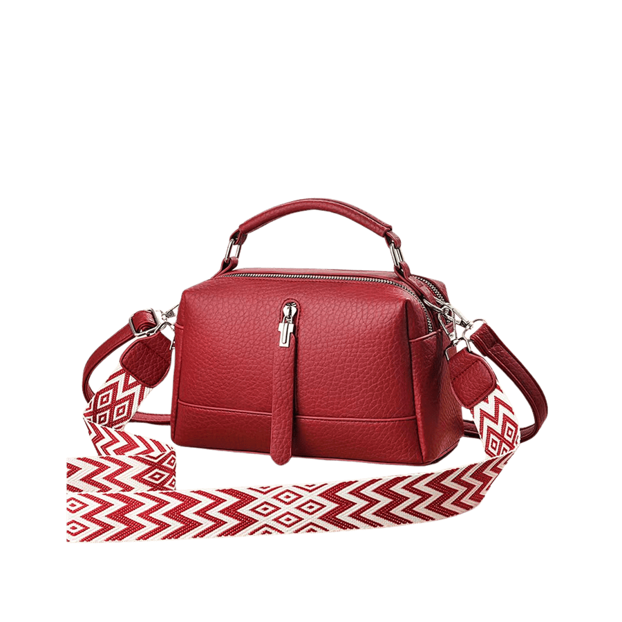 Red ladies handbag with jacquard webbing and long PU puller