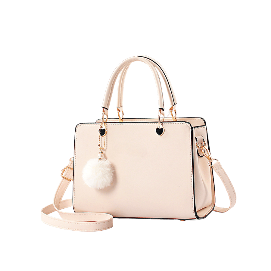 Pink ladies handbag with black enemal heart-shaped tab and detachable white pompom
