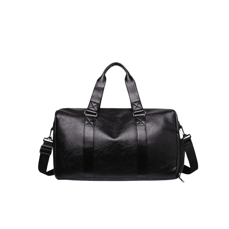 Black big duffel bag for travelling with plastic square ring and side zipper pockets