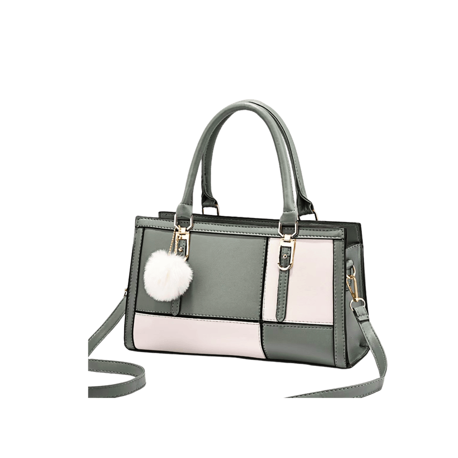 Blue splicing PU ladies tote bag with detachable pompom and metal tab of handle