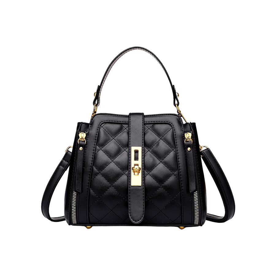 Black quilting ladies handbag with lock closure and side metal zipper pockets
