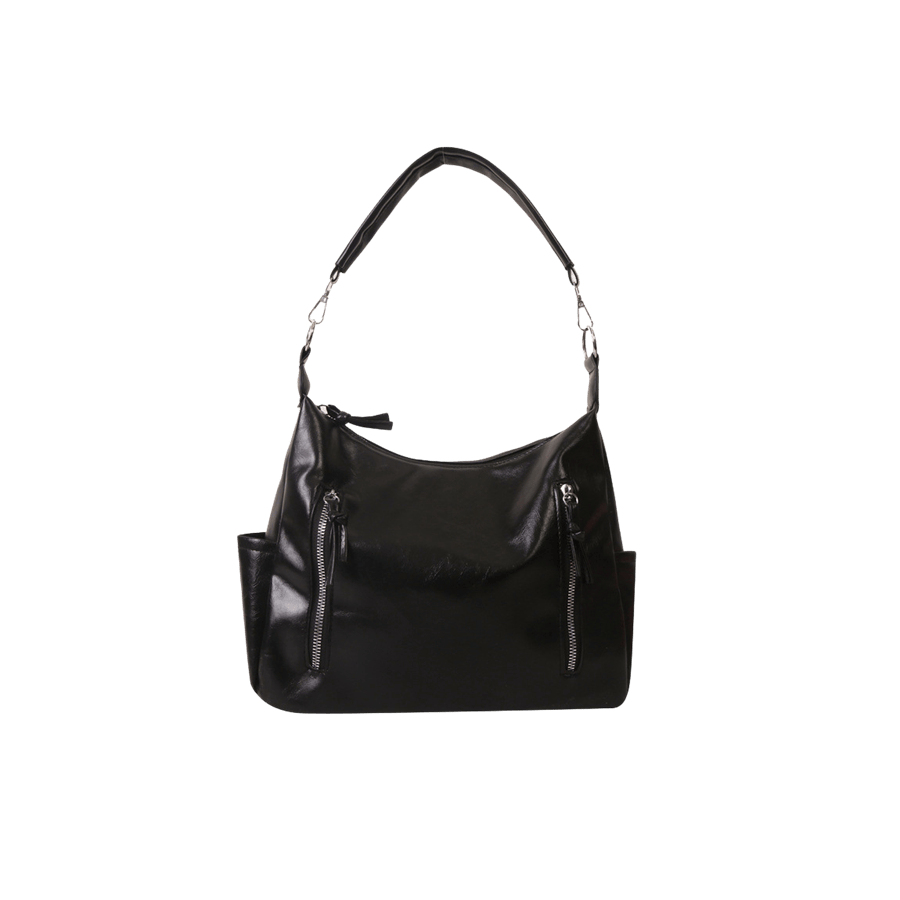 Black ladies handbag with front zipper pockets and side open pockets