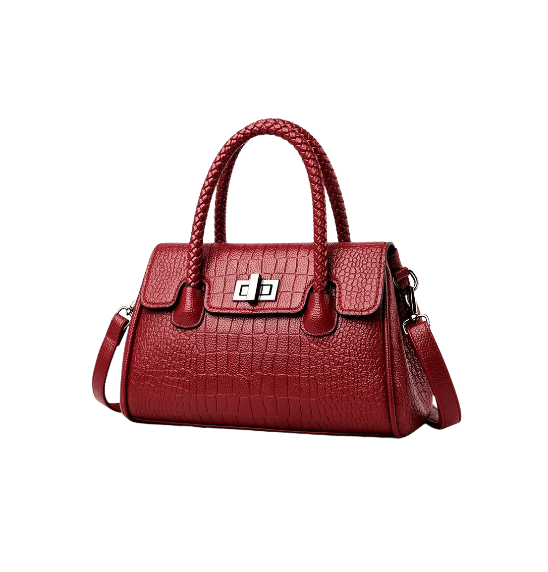 Burgundy croco PU ladies handbag with weave handle and lock closure