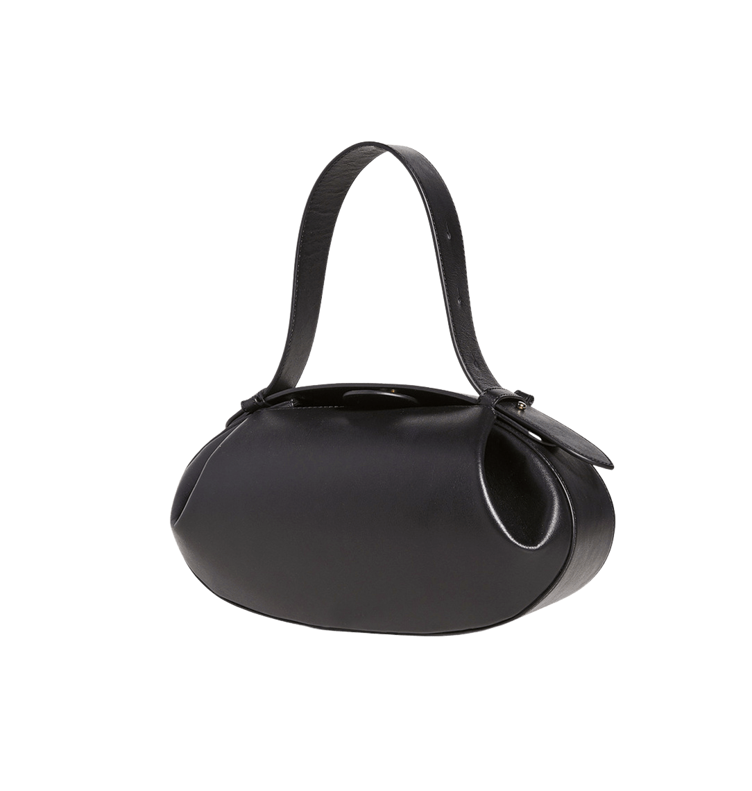 Black structured ladies handbag with adjustable handle and pleats