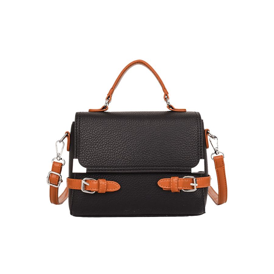 Black ladies handbag with decorative brown trim PU straps and metal corner