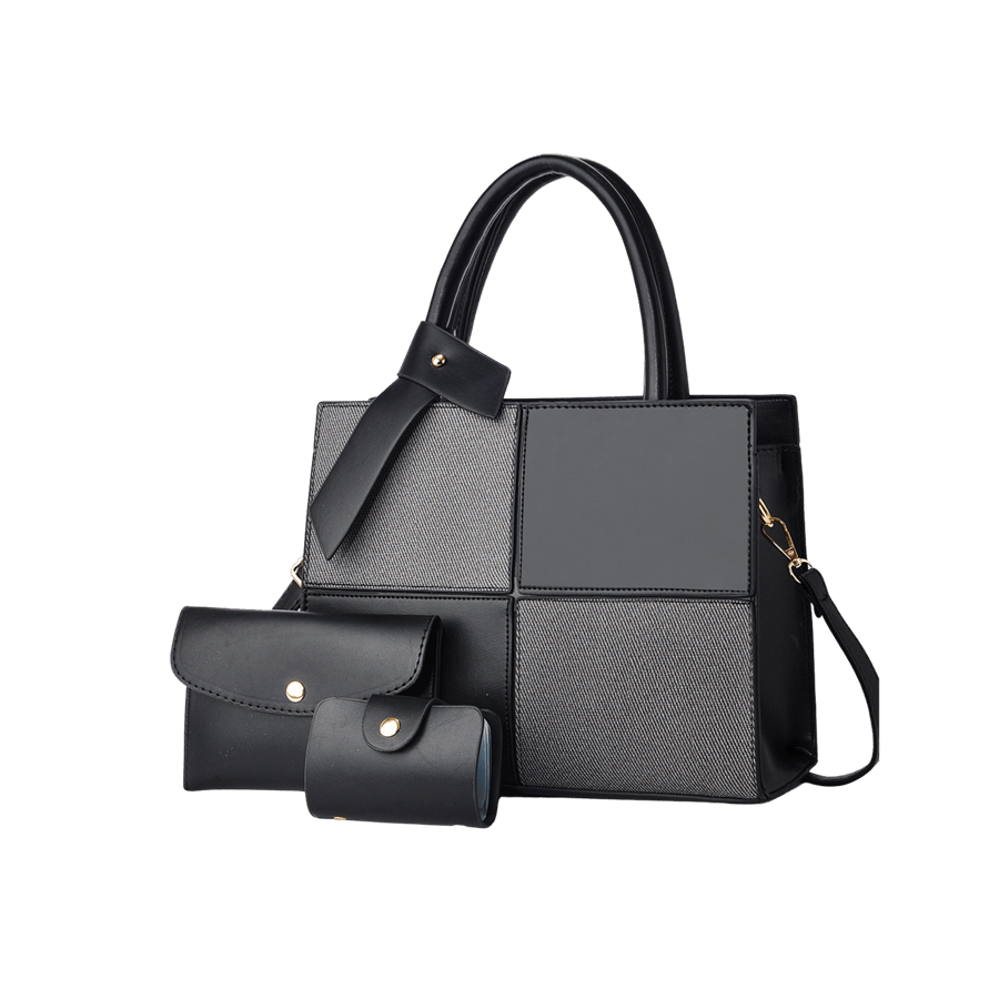 Black splicing PU ladies tote bag sets with knotted handle with pin stud