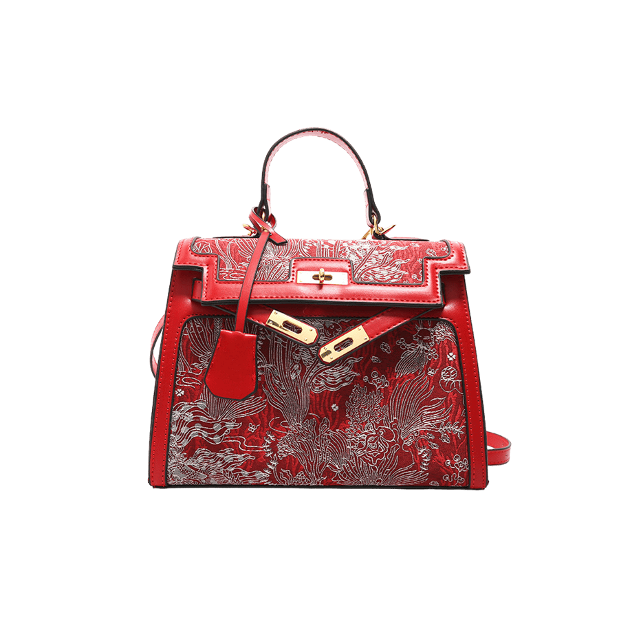 Red jacquard material ladies handbag with tirm PU hangtag and lock closure