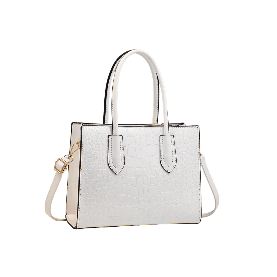 White croco PU ladies tote bag with contrast edge painting and top zip closure