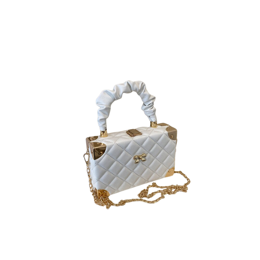 White  quilting box shape ladies clutch with plicated handle and metal corner