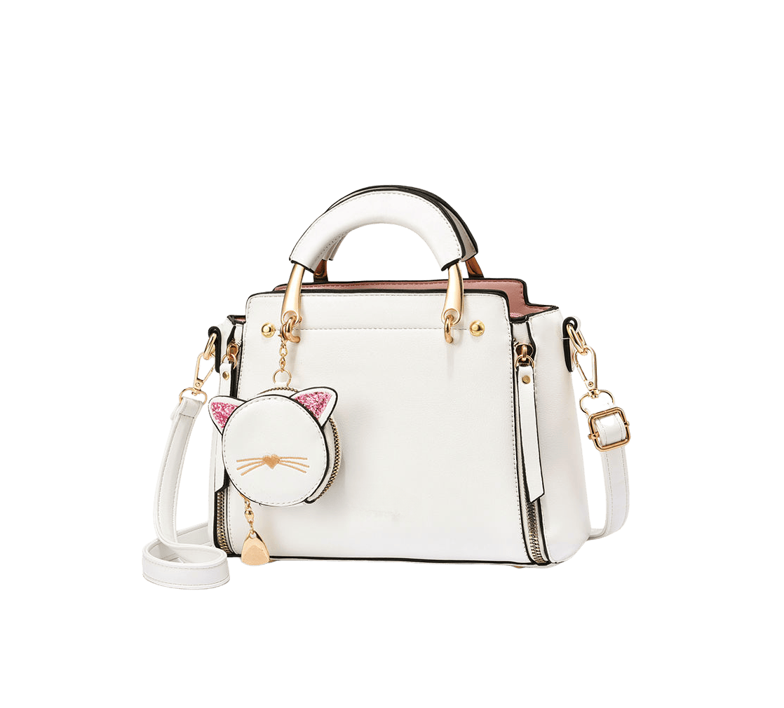 White ladies handbag with detachable cat-shaped pouch and metal handle