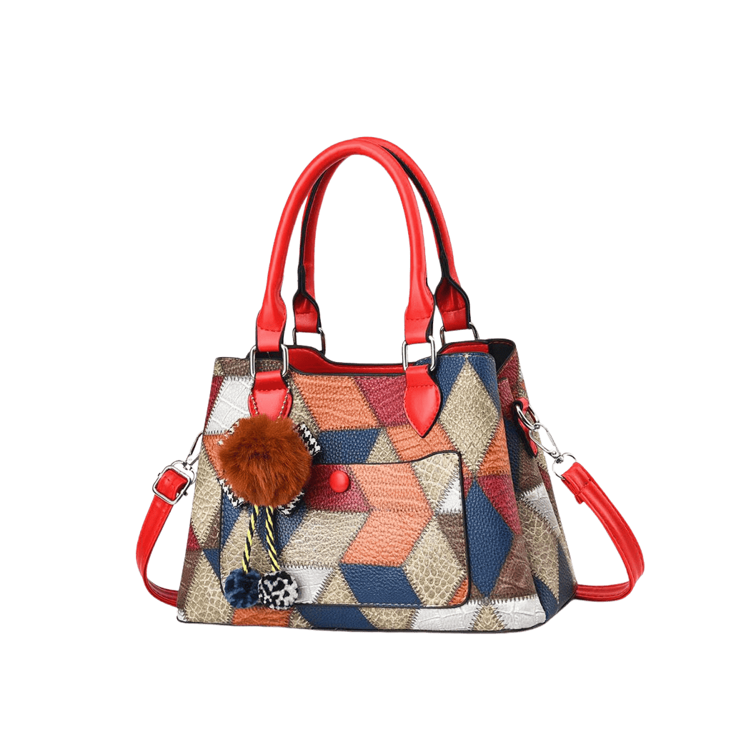 Splicing PU ladies handbag with detachable pompom and bowknot hangtag