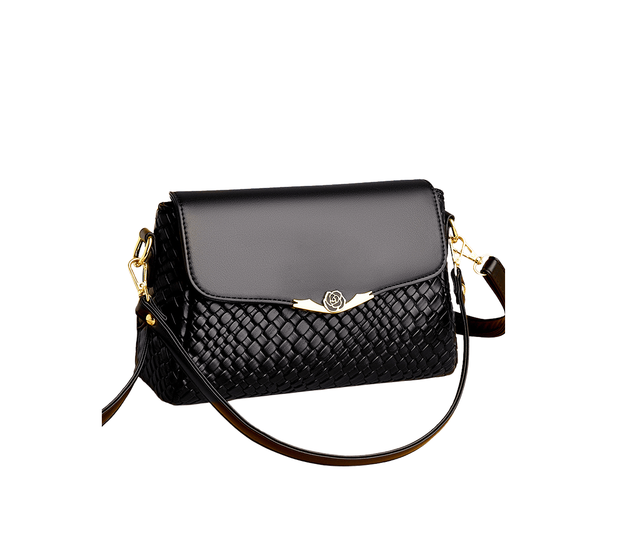Black weave PU ladies handbag with black plain trim PU and flower metal edge on the flap