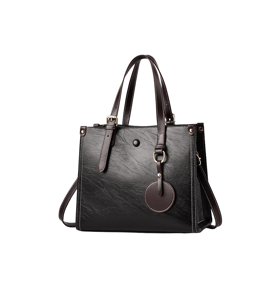 Black ladies tote bag with adjustable handle and detachable PU round hangtag