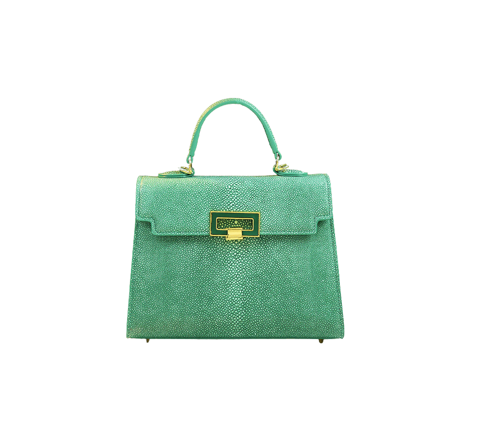 Green ladies handbag with decorative enemal hardware and magnetic snap closure