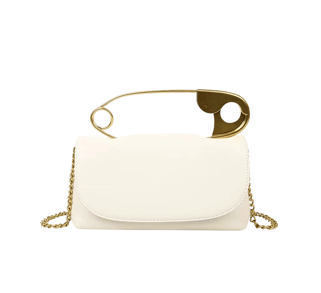 White ladies handbag with metal clips handle and magnetic snap closure