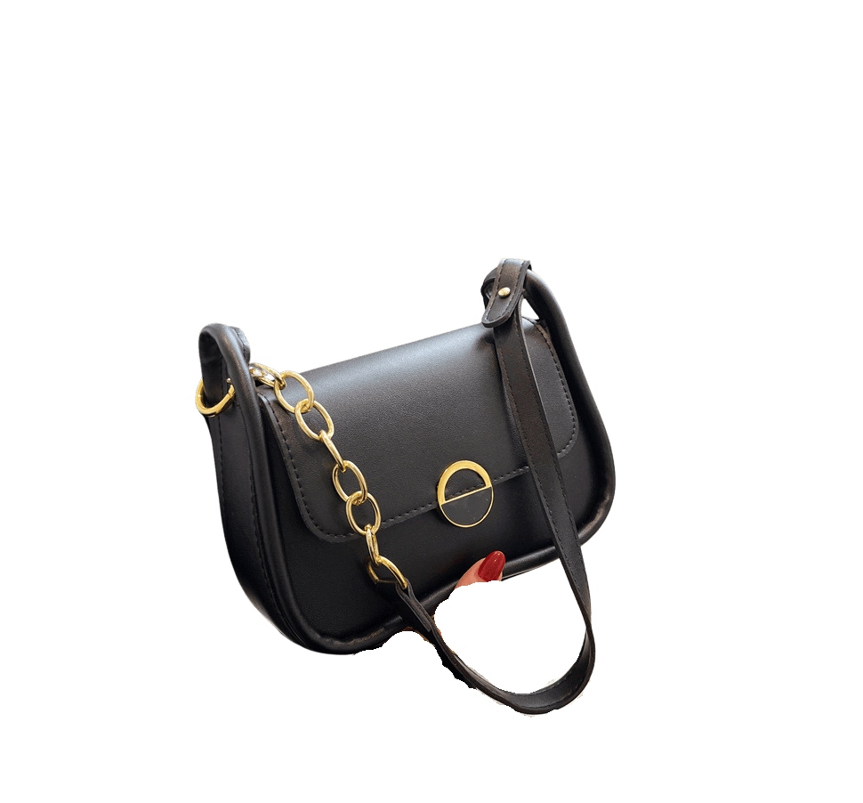 Black ladies crossbody bag with enemal round hardware on the flap